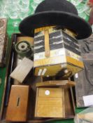 A bowler hat, an oak tray, mahogany money box, a musical cigarette dispenser, a concertina,