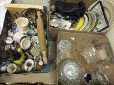 Two boxes of assorted china wares to include various collector's plates, storage jars, mugs, etc,