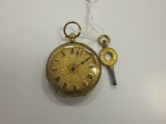 An 18 carat rolled gold pocket watch with engraved floral dial set with Roman numerals