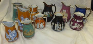 A collection of 19th Century jugs to include lustre ware examples, one depicting Josiah Wedgwood