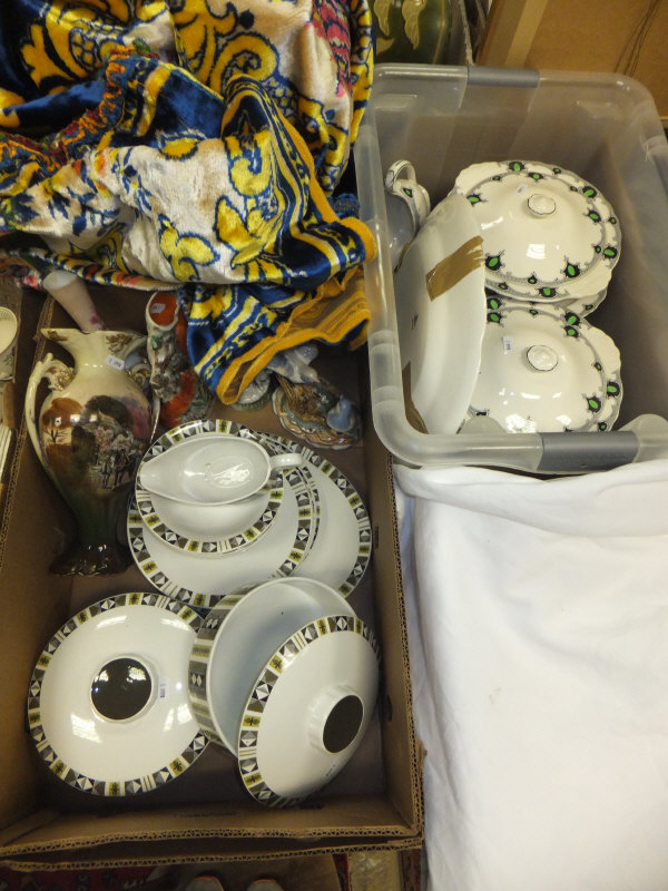 A box containing a Wedgwood transfer decorated part dinner service to include tureens, serving