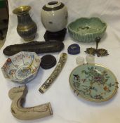 A collection of Oriental and other items to include ginger jar, brass vase, pen tray, bone handle,