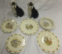 Four Royal Doulton Bunnykins plates, a Wedgwood Mrs Tiggy-winkle dish and two pottery Old English