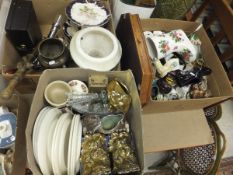 Three boxes of sundry items to include various ornamental shoes, various glass and china wares, etc