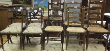 A set of four Regency and mahogany framed dining chairs, five cane seated dining chairs with oak
