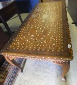 An Eastern hardwood and inlaid rectangular coffee table, together with a wooden telephone table