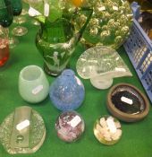 A green ground glass Mary Gregory style jug, assorted paperweights, vases and bowls, etc