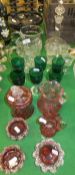 Six 19th Century wine glasses with Bristol green glass bowls, two clear glass jugs, one marked "