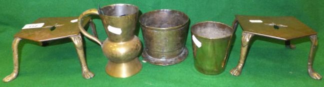 Two brass trivets, a brass thistle shaped measure, a brass beaker and 17th Century brass mortar