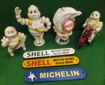A reproduction Michelin sign, two reproduction Shell Fuel signs, a reproduction Coca Cola money