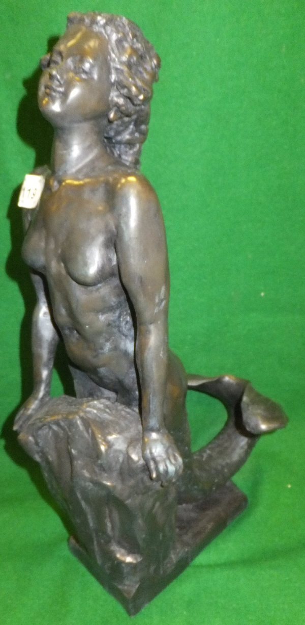 R MOLL - a cold cast bronze figure of mermaid on rocks