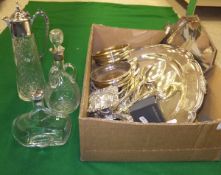 A box of assorted silver plated, silver and glass wares to include a silver mounted liqueur bottle