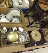 A box containing assorted cheese domes, a box containing assorted china and metal ware, to include