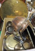 A brass tray, copper embossed plant pot, other copper and brass ware to include graduated saucepans,