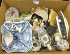 A semi-porcelain condiments tray with blue and white transfer print decoration, other assorted