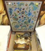 A box containing various carved hardstone fruit, a chicken pot, an octagonal lacquered box, together