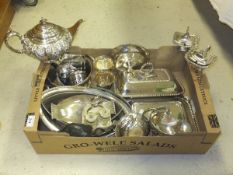 A box of assorted plated wares to include two entree dishes, teapot of squat ovoid form with fruit