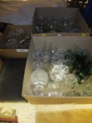 Three boxes of assorted glassware to include decanters, vases, jugs, sundae dishes, etc, together