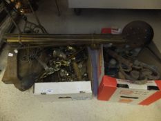 Three boxes of assorted metalware to include brass stair rods, fireside tools, large metal press,