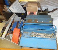 Four boxes of assorted hand tools to include spanners, plane, etc and a tilley lamp