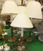 Six assorted lamps to include wood and brass anodised table lamp of candlestick form, a modern brass