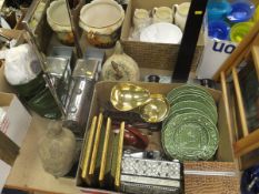 A box of assorted decorative items to include binoculars, pictures, weighing scales, together with a