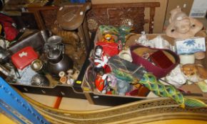 Two boxes of sundry items to include cheese dish, vase, ornamental wares, etc and a brass fire kerb