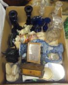 A box containing assorted china and glassware to include a pair of Bristol blue candlesticks,