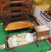 A miniature American comb back settee and a walnut crib with doll