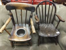 A 19th Century comb backed child's chair with elm seat and a child's commode chair with pewter bowl