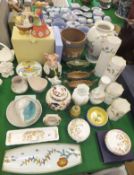 A Wade Nat West piggy bank, a squat Poole pottery vase, two Aynsley pin dishes, four Royal Worcester