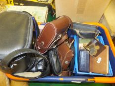 A box of sundry items to include cameras, tools, coinage, cutlery, etc