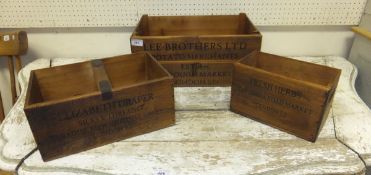 A collection of three wooden crates, one inscribed "Lee Brothers Limited Potato Merchants",