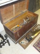 A Victorian tool chest containing an assortment of various woodworking and other hand tools
