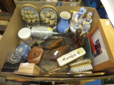 A box of sundry items to include shoe stretchers, dressing table brushes, etc