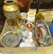 A box of assorted china wares to include a Pallisy style lobster plate, a Portmeirion storage jar,