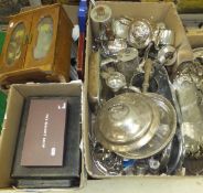 A box of assorted plated wares to include various trays, teapots, serving dishes, etc, together with