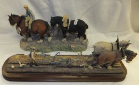 Two Border Fine Arts figures, one with man and two shire horses, the other of ploughing scene