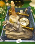 A pair of brass candlesticks, an aneroid barometer, Russian metal figure of man on horseback killing