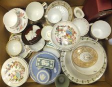 Assorted china to include various teacups and saucers, Wedgwood Jasperware plate and lidded pot