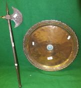 A brass tray with central white metal and turquoise coloured roundel, together with an Indian axe