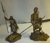EARLY 20TH CENTURY POLISH SCHOOL "Peasant soldiers with scythes", two patinated bronze figures,
