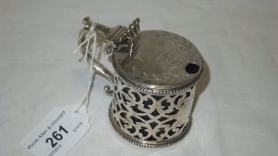 A Victorian pierced silver lidded mustard of drum form with blue glass liner (by Martin Hall &