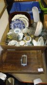 A box of assorted china wares together with a mahogany cased till