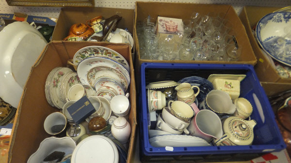 Three boxes of assorted glassware to include Honiton tea wares, Susie Cooper soup bowls, a