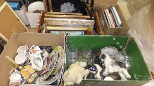 Two boxes of assorted china and glassware to include commemorative plates, decorative figures,