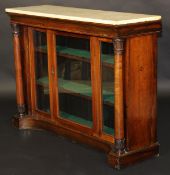 A Victorian mahogany side cabinet, the white marble top above a plain frieze and glazed door flanked