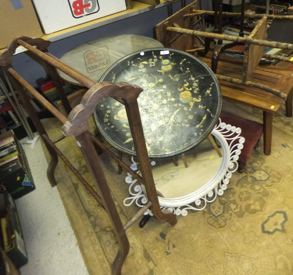 A Victorian black lacquered Chinoiserie style table decorated with birds amongst branches, a oval