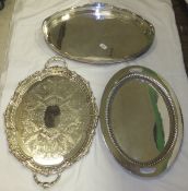 Three plated twin-handled trays, one with pierced gallery