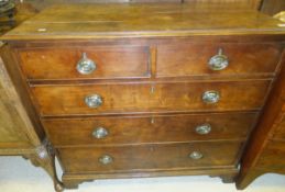 A stained fruitwood chest of two short and three long drawers on bracket feet